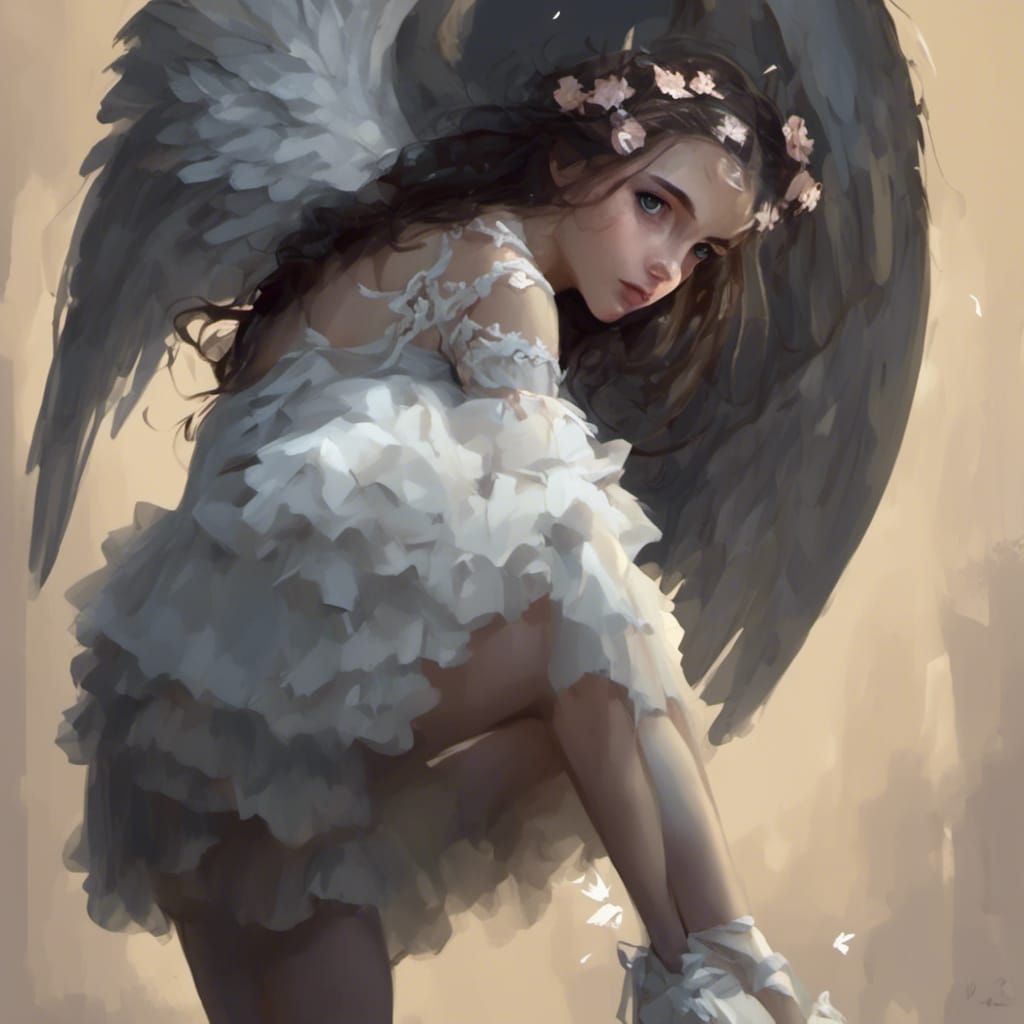 A brunette angel with Petite wings behind her shoulders.
