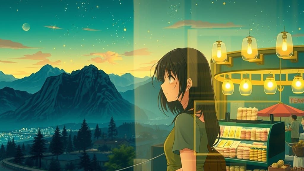 Double Exposure Gemstone Landscapes Girl in Anime Style