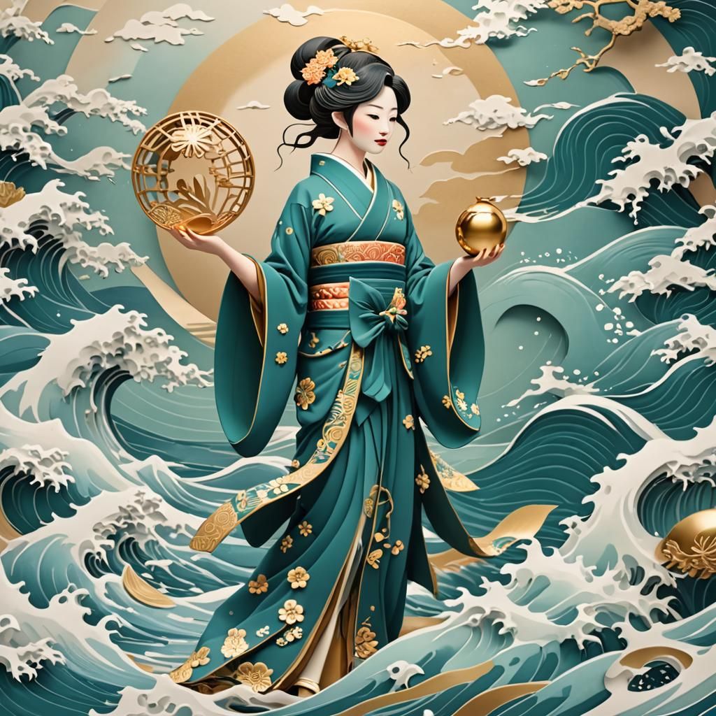 Japanese Woman with Orb in Kirigami Style