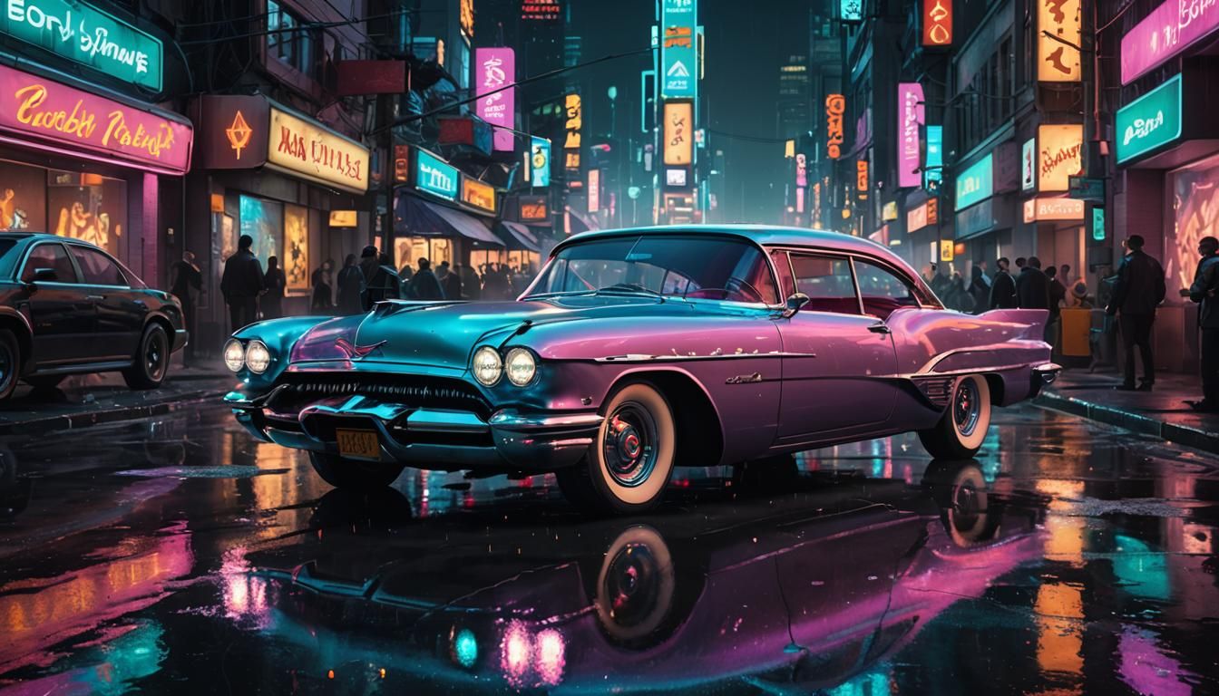 Cyberpunk Pontiac Hot Rod Floats Down Neon Avenue