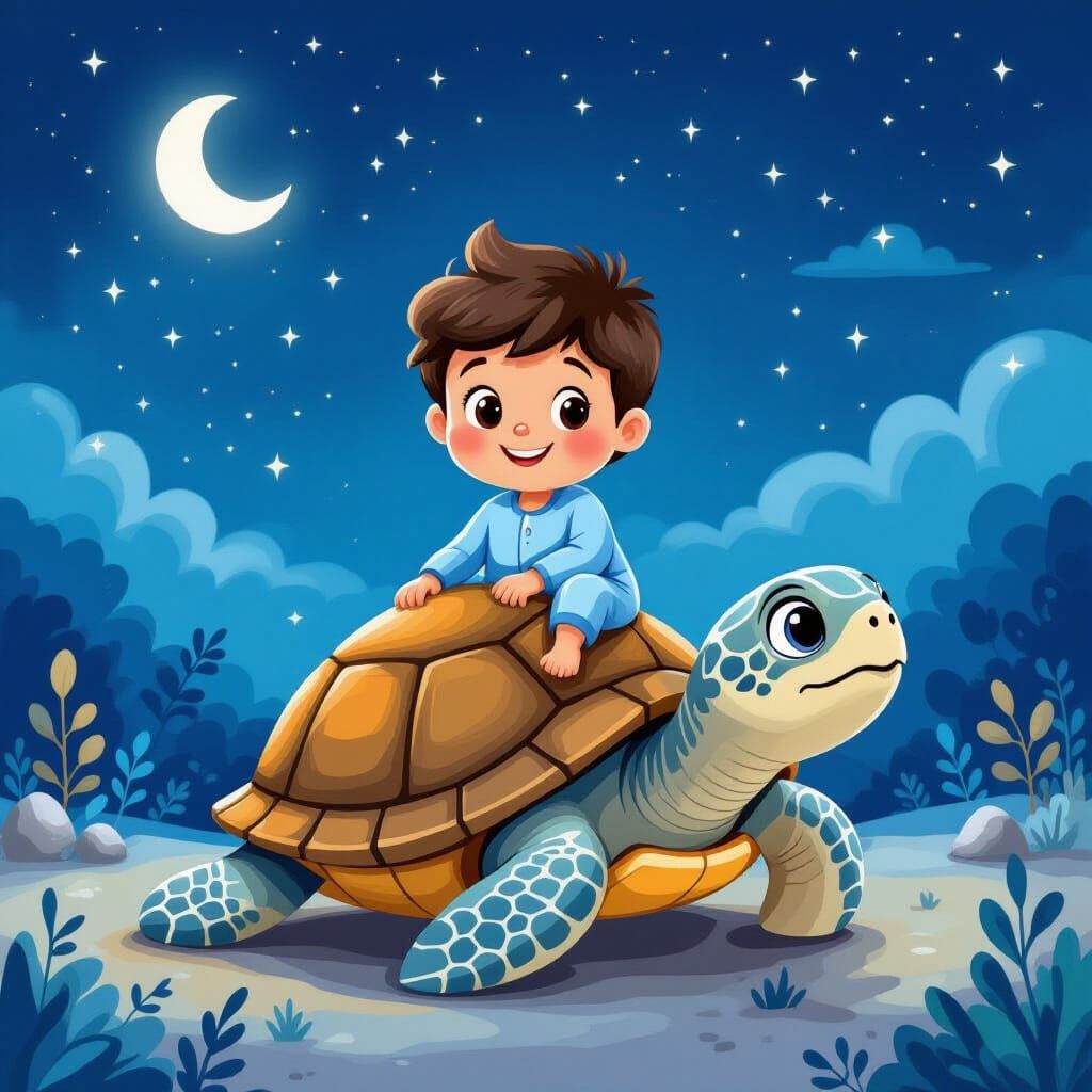 Child Rides Giant Turtle in Naive Doodle Style