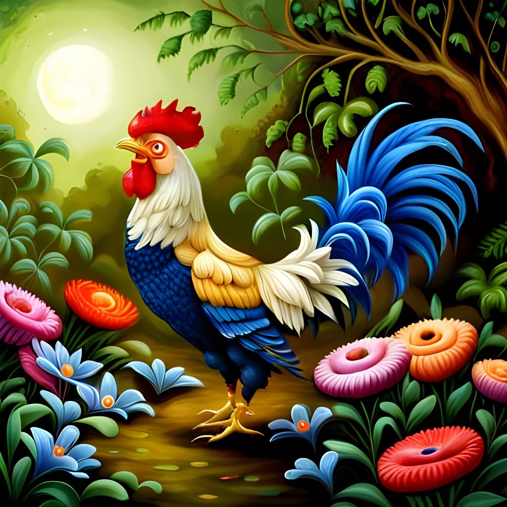 Fairytale Rooster in Enchanted Garden, Detailed Art