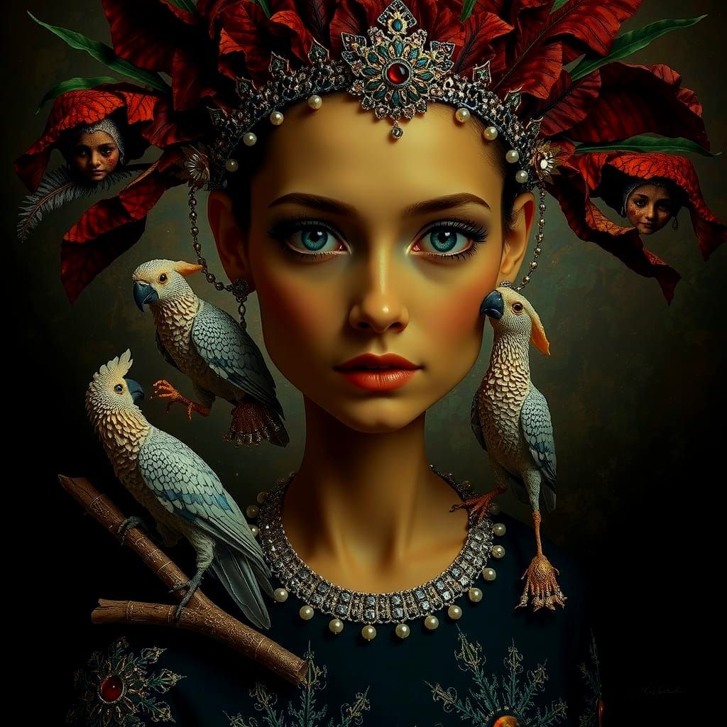 Cockatoo-Woman Portrait in Surrealist Style