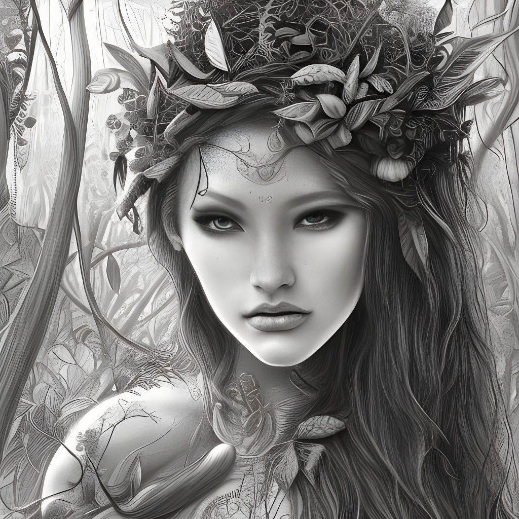 Jungle Dryad Woman: Ornate Pencil Drawing