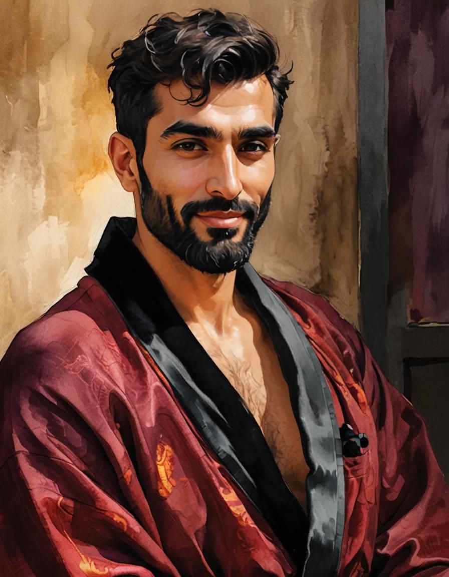 Handsome Man in Red Robe, Art Nouveau Digital Art