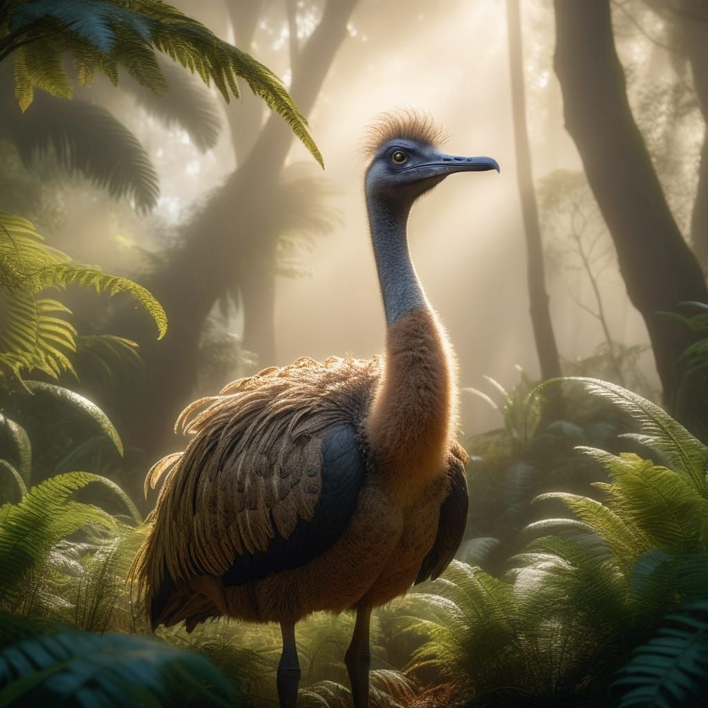 Moa in Bush Setting with Fog, Digital Art