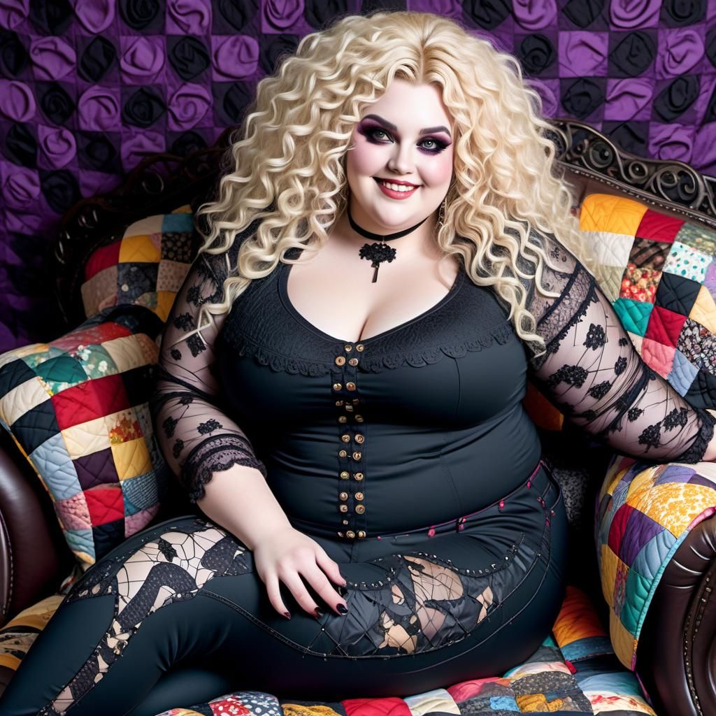 Curvy Goth Woman Sewing an Elaborate Quilt