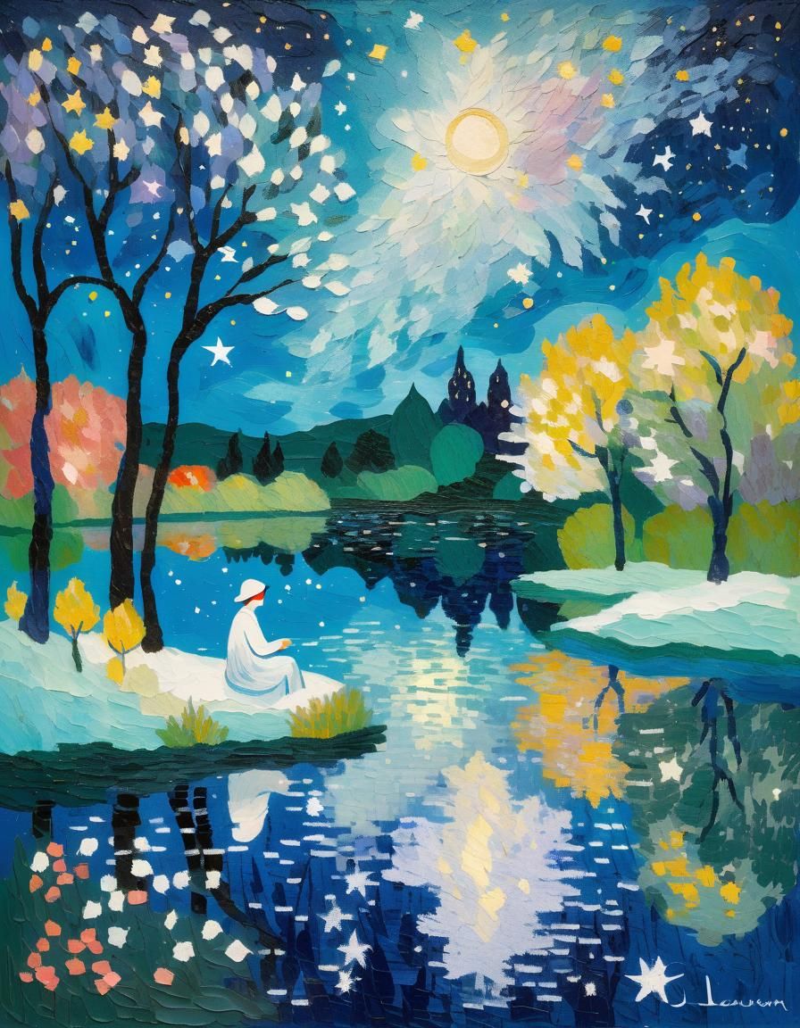 Dreamlike Figure Pours Liquid into Starry Lake