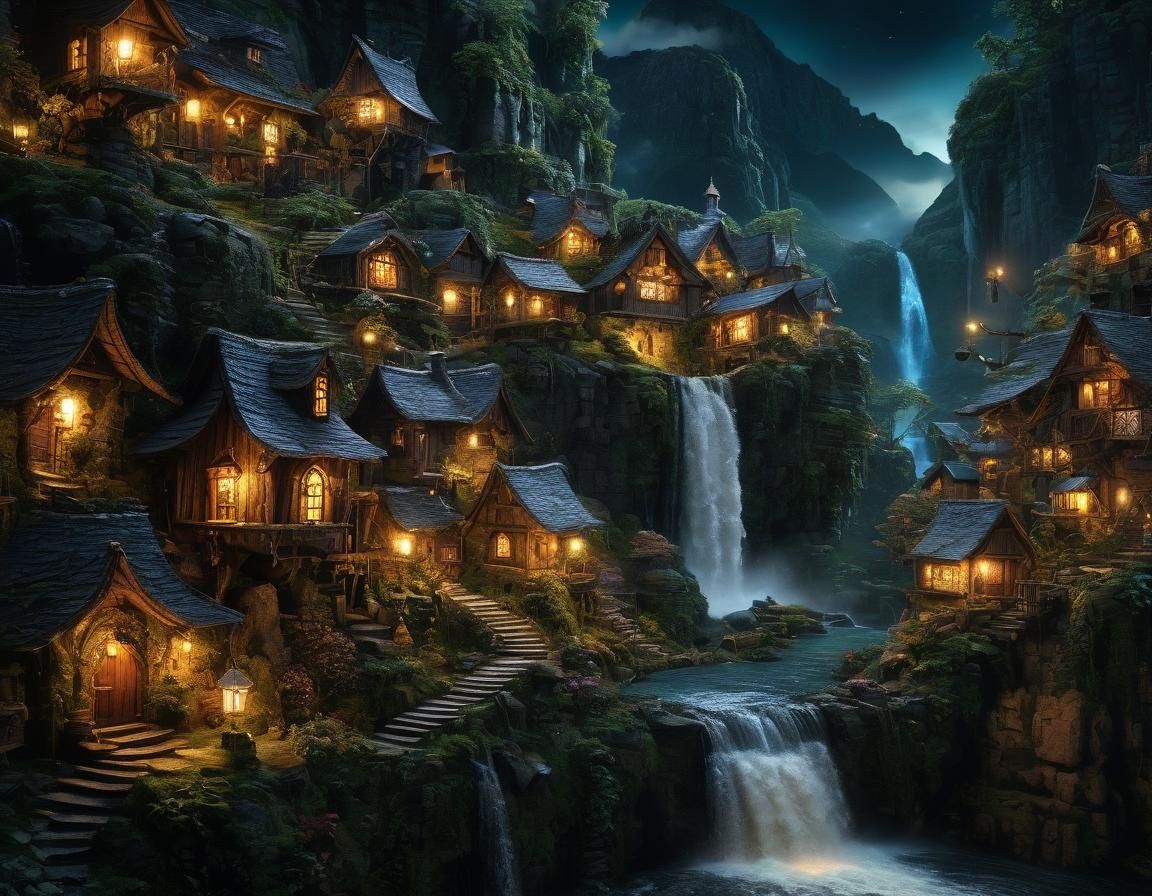 Cascading Waterfall Fairy Village Lamp in Fantasy Realism