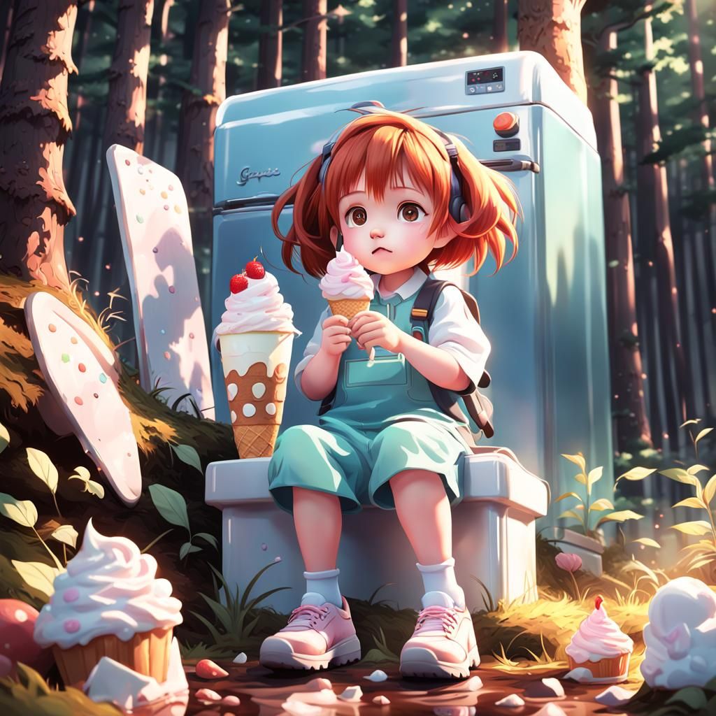 Anime Girl Eating Ice Cream in Serene Forest