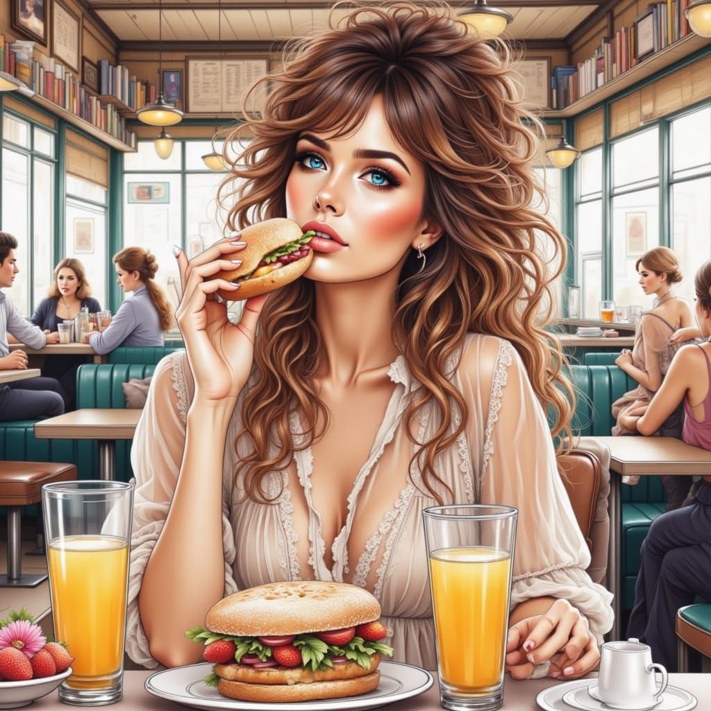 Boho Woman Enjoys Sandwich in Nostalgic Diner Watercolor