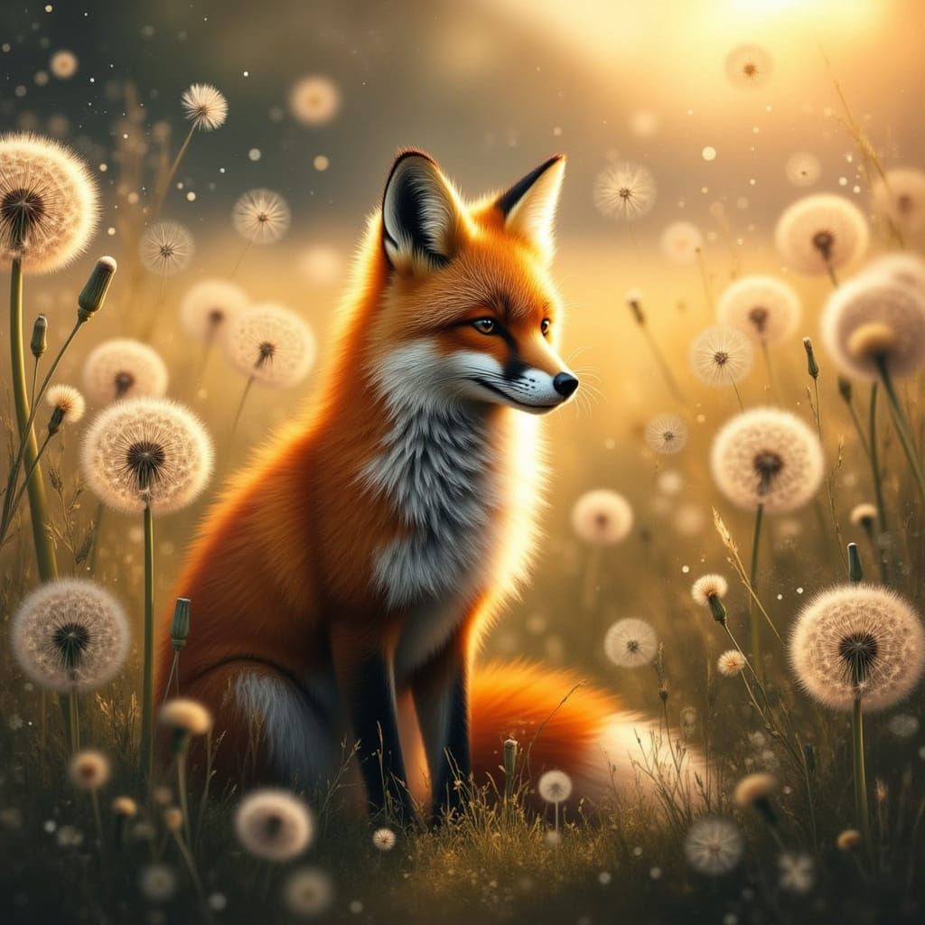 Hyper-Realistic Fox in Luminous Dandelion Field