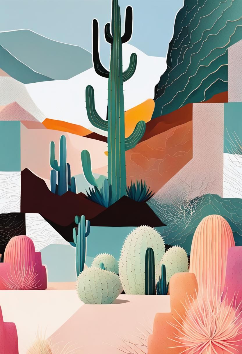 Colorful Abstract Desert Canyon with Cacti