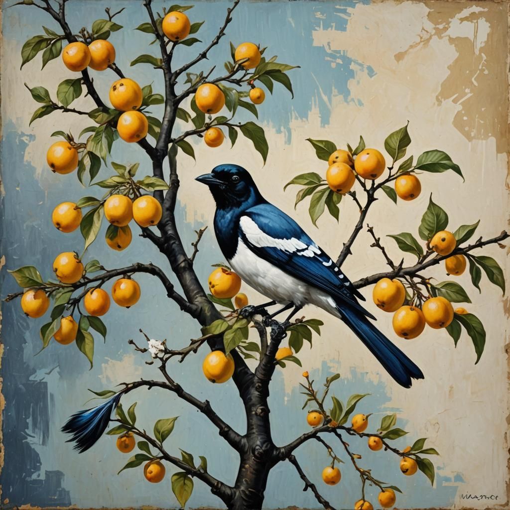Magpie Perched on Quince in Neo-Impressionist Style