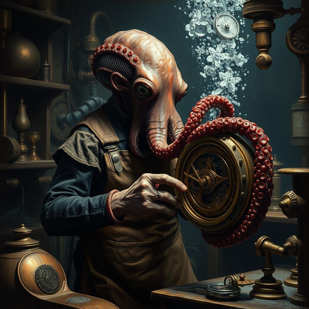 Octopus Alien Mechanic Repairs Clockwork, Baroque Style