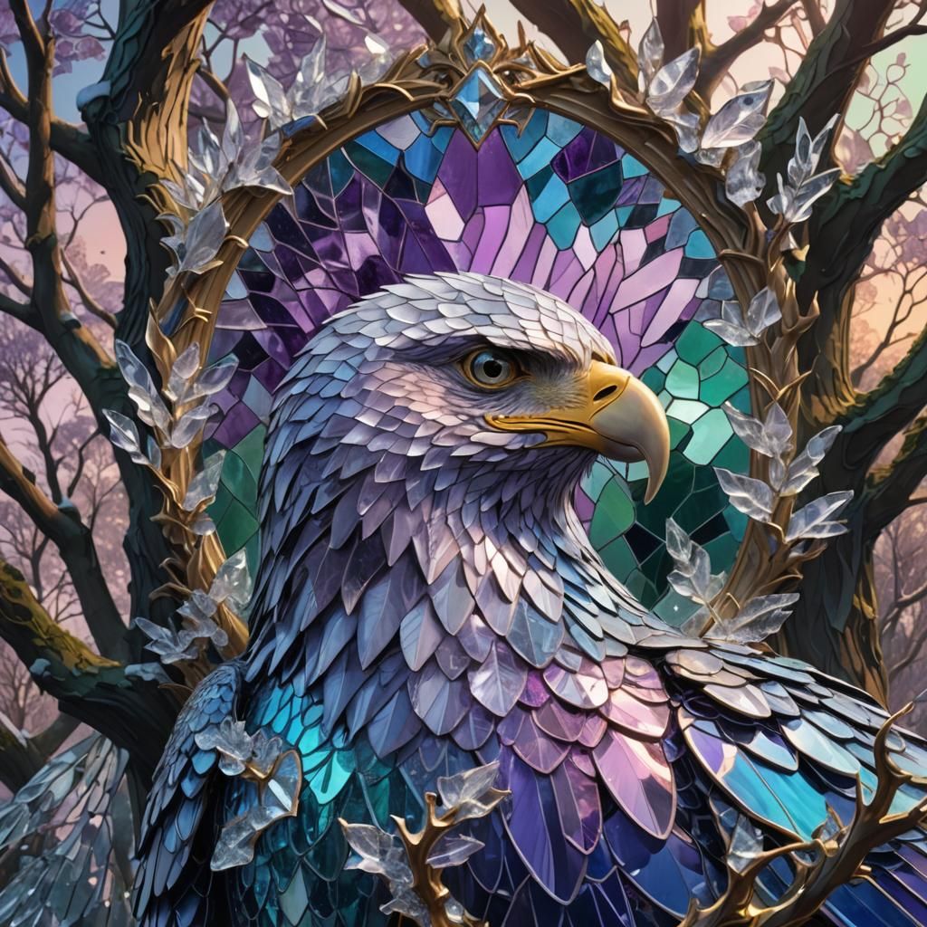 Crystal Eagle on Tree: Surreal Art Nouveau Portrait