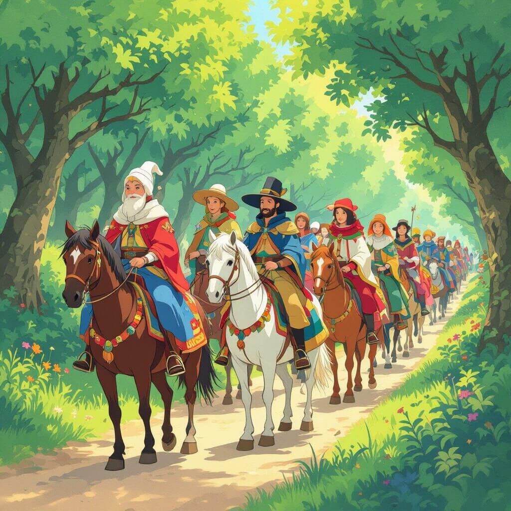 Canterbury Pilgrims in Miyazaki-esque Animated Style