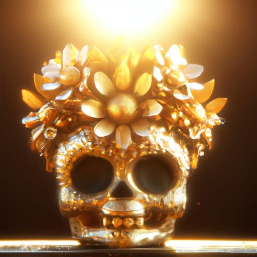 Golden Sugar Skull with Flower Crown 3D Render