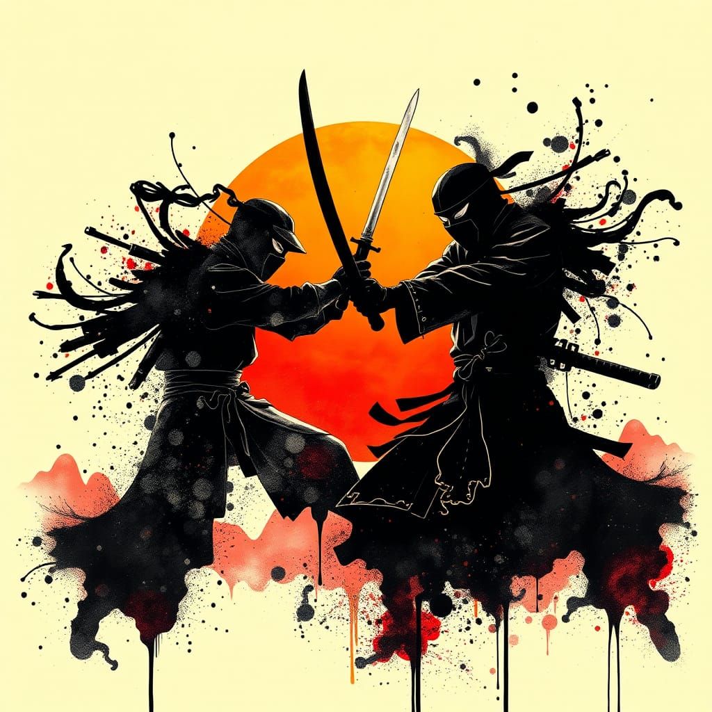Abstract Ink Ninjas Sword Fight Under Orange Sun
