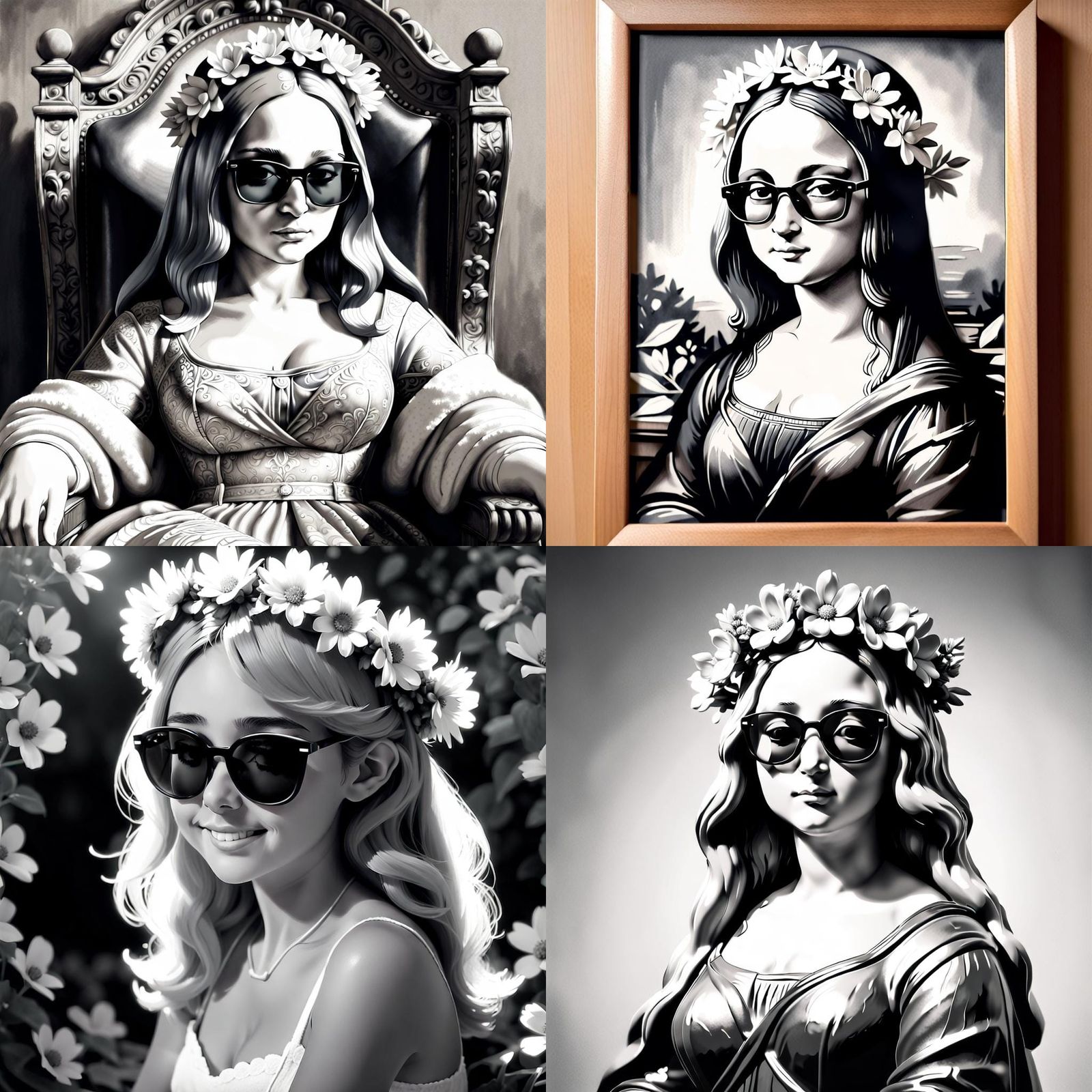 Mona Lisa in Monochrome with Flower Crown