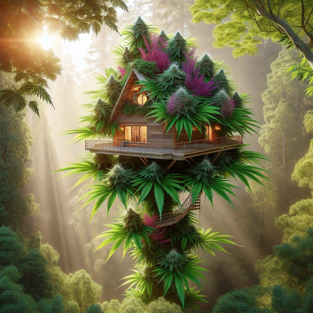 Realistic Treehouse with Cannabis Plants in Summer