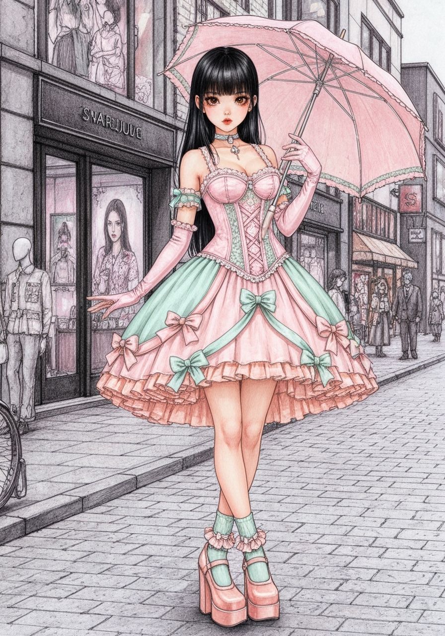 Young Woman in Rorita Dress in Harajuku, Art Nouveau Sketch