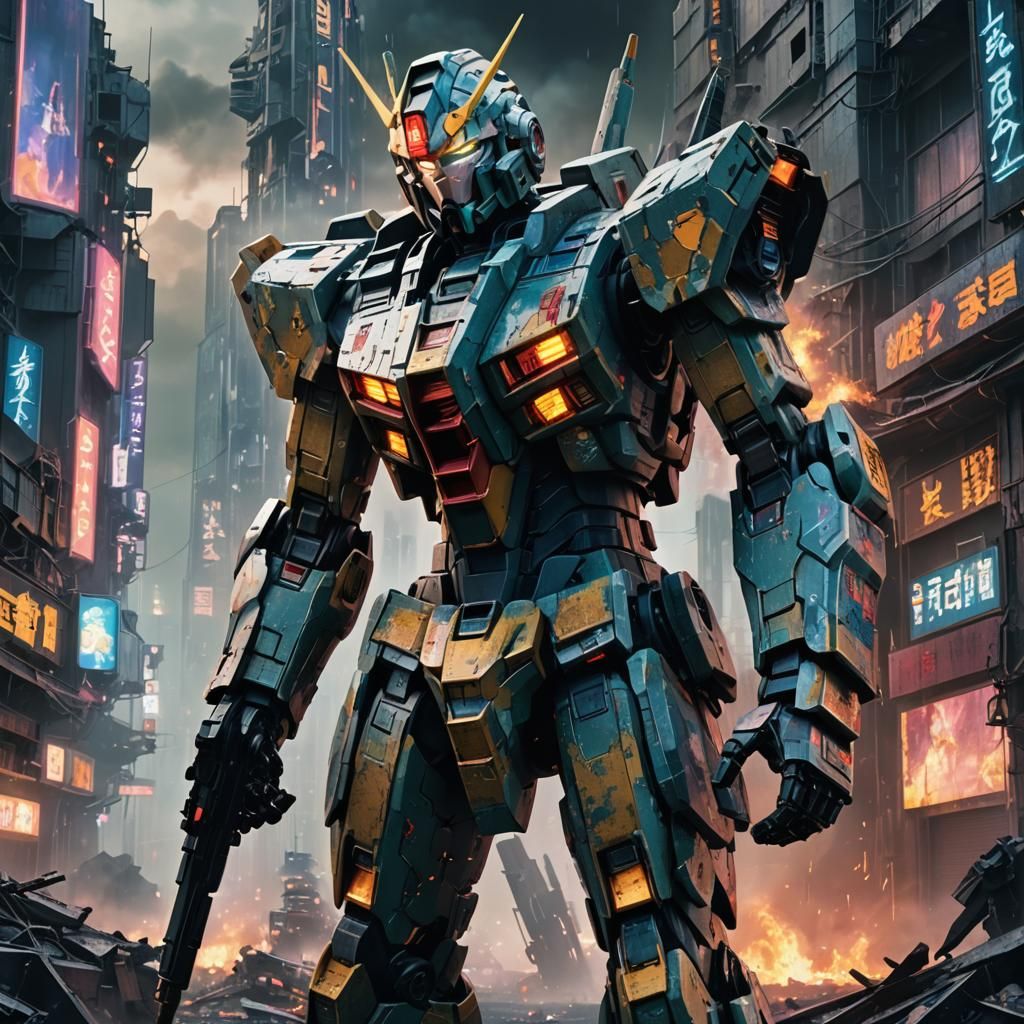 Gundam R-X7-82 in War-Torn Cityscape