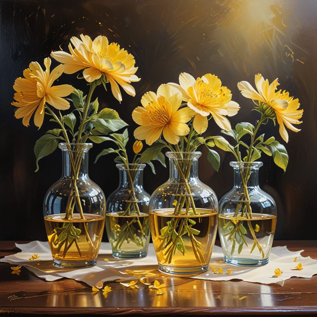 Still Life: Yellow Flowers in Glass Vases