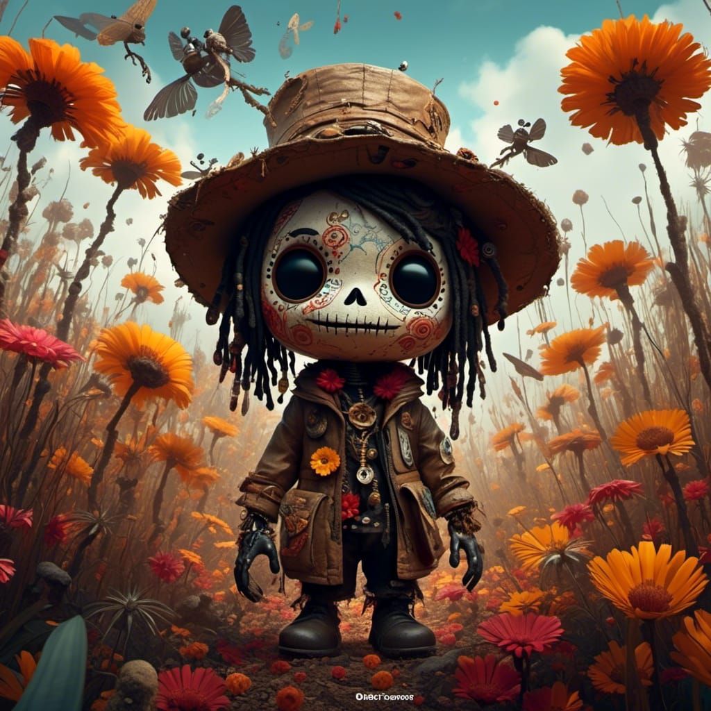 Chibi Voodoo Doll Explorer in Flower Field Portrait