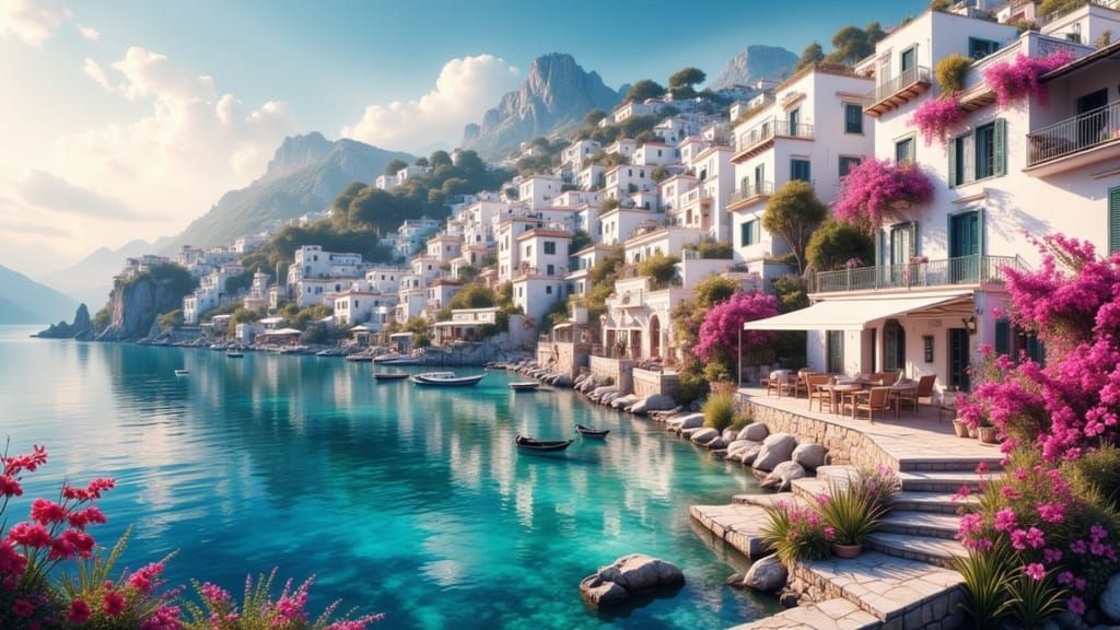 Turquoise Dream: Greek Island Vista in Impressionistic Style