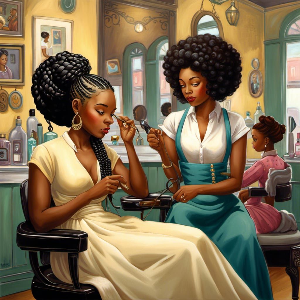 Urban Hair Salon Scene in Fantasy Art Style