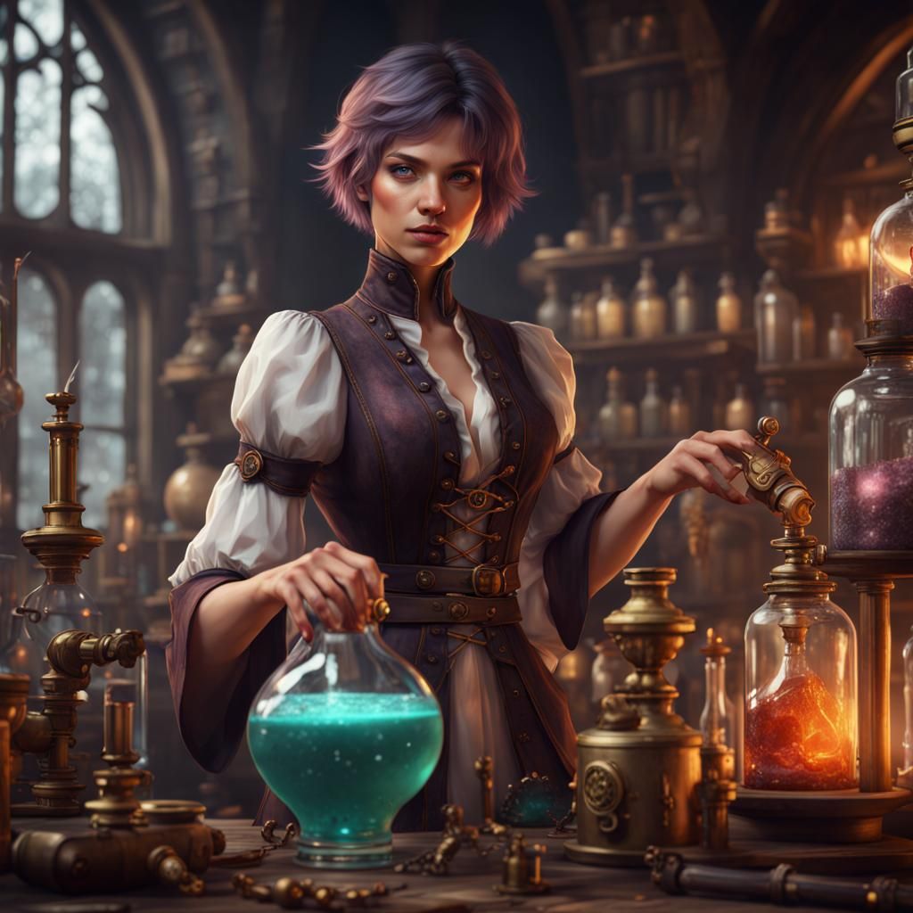 Steampunk Alchemist: Young Woman Making Potions