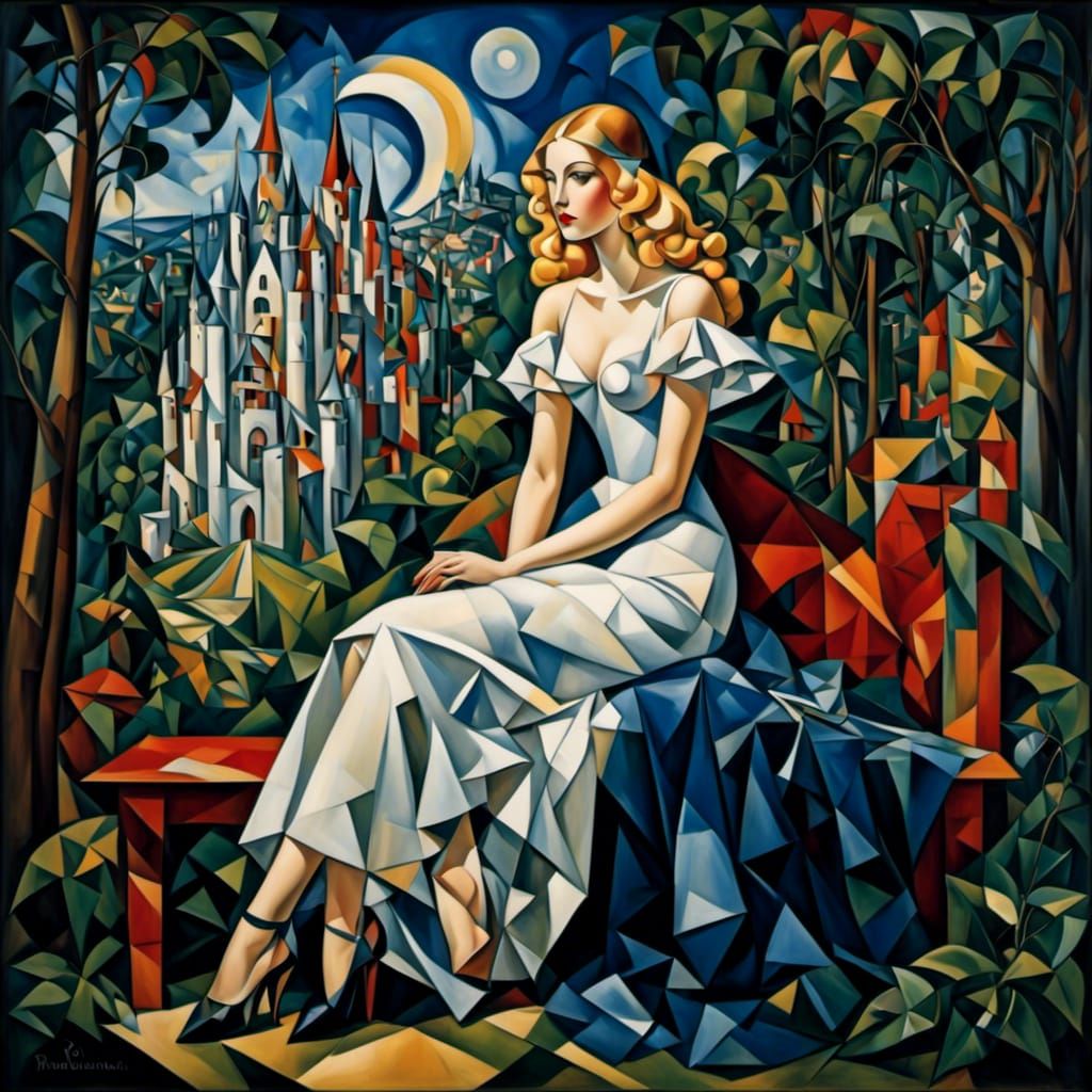 Surreal Cubist Princess in a Garden Castle