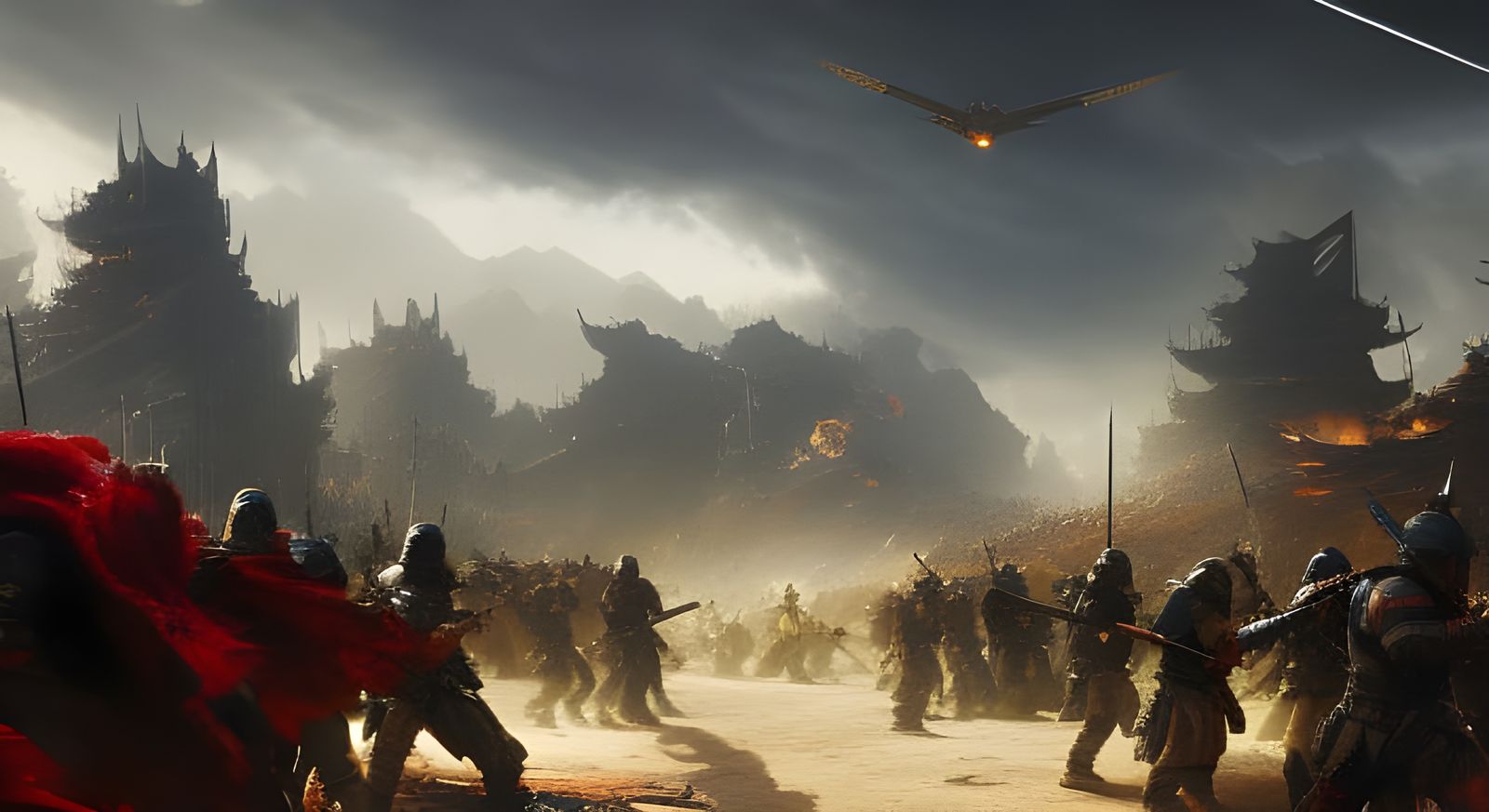 Epic Fantasy Battlefield with Dragons and Trolls