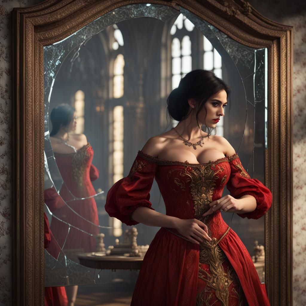 Voluptuous Woman and Broken Mirror: Dark Fantasy Art