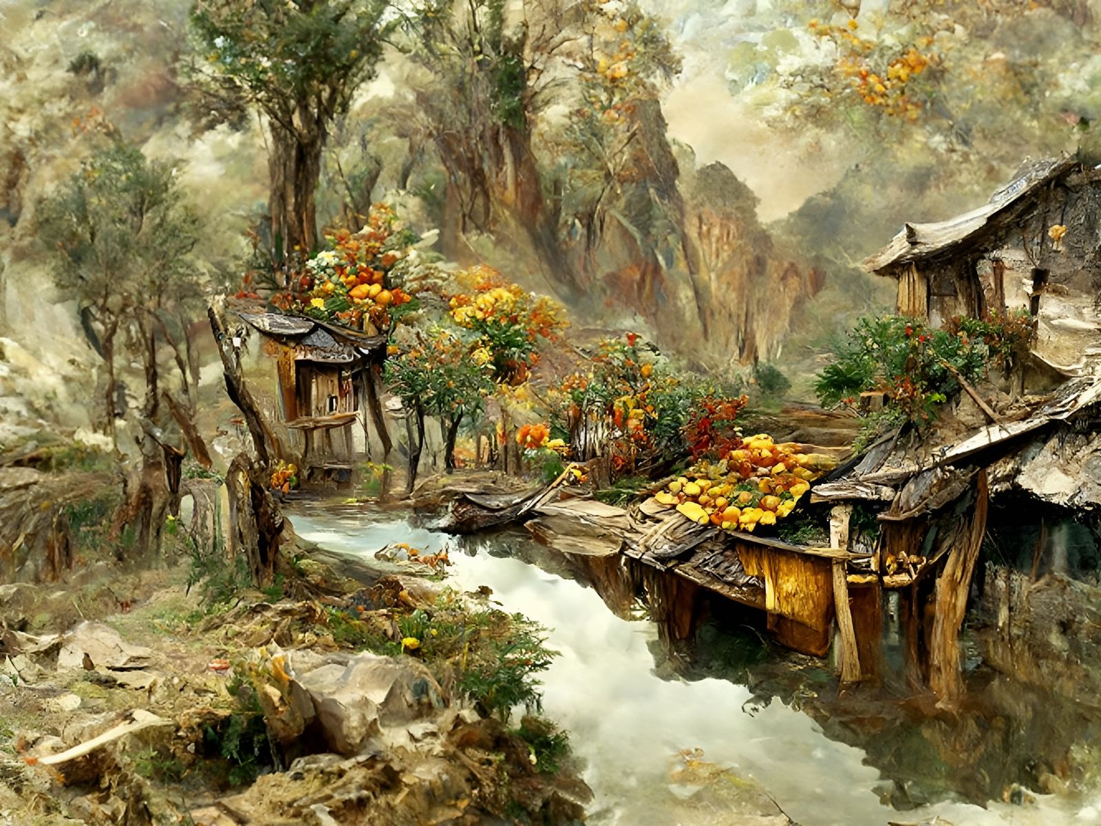 Bamboo Valley River Scene in Oil Painting Style