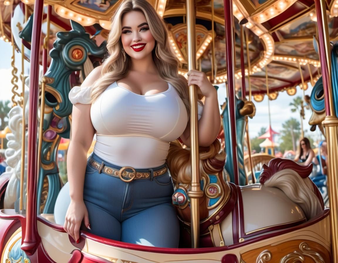 Curvy Woman Rides Carousel at Resort