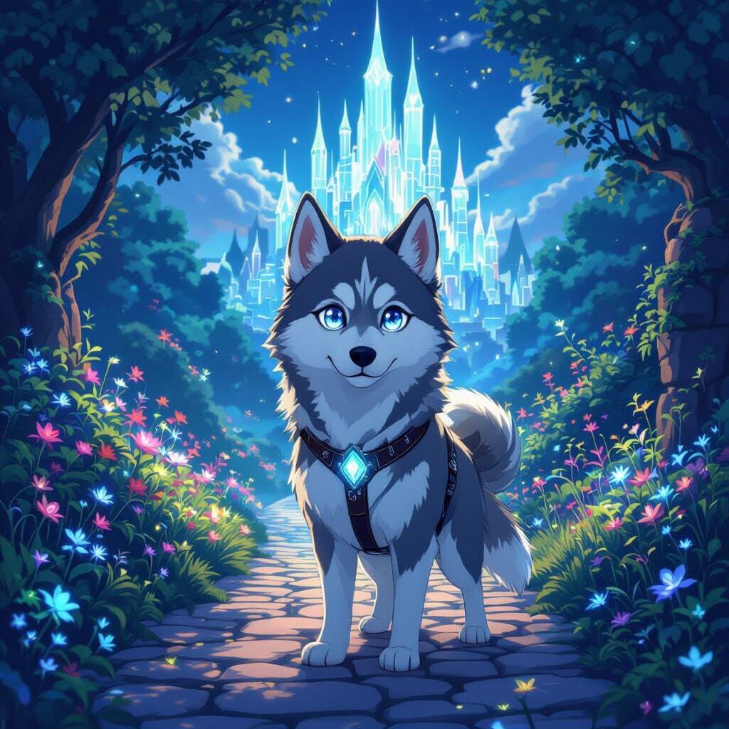 Anime Husky in Enchanting Fantasy World with Crystal Castle