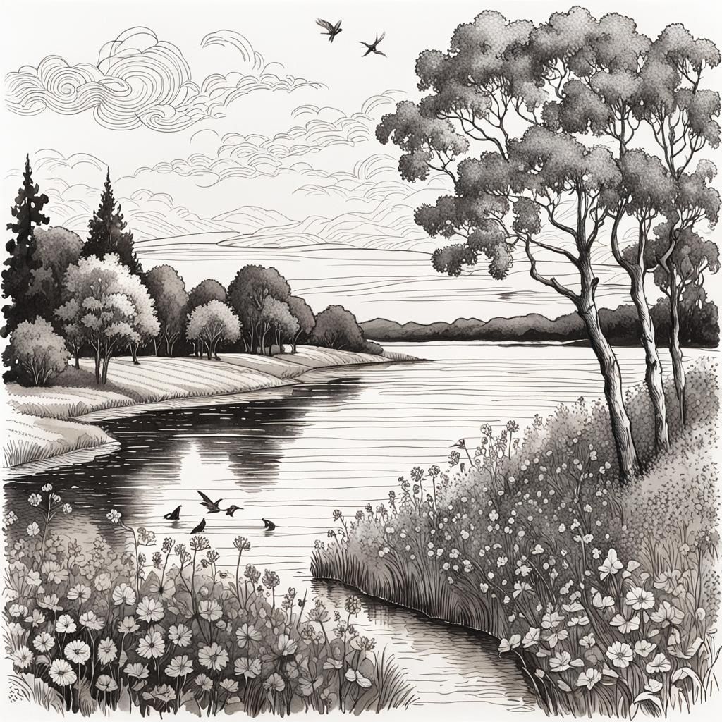 European Summer Landscape in Pen and Ink Style