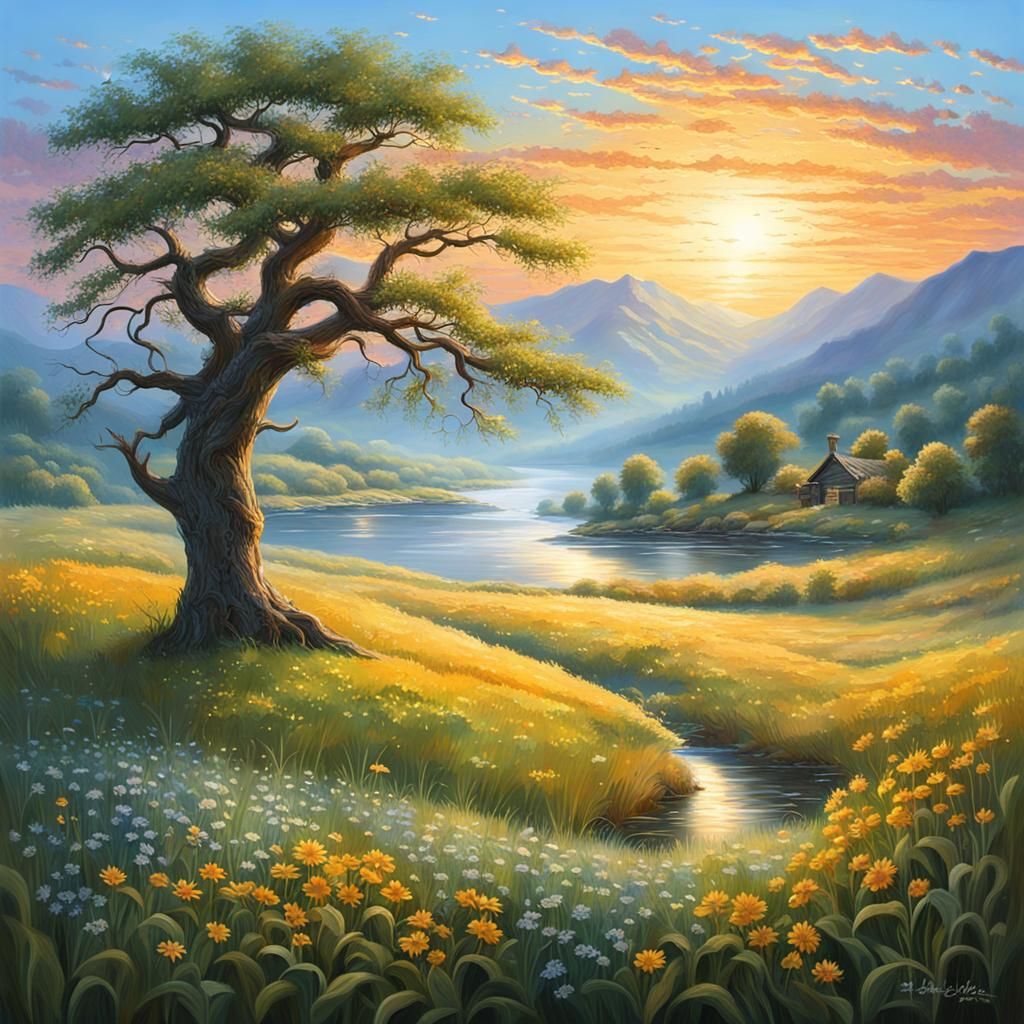 Serene Countryside Landscape at Dawn in Realism Art