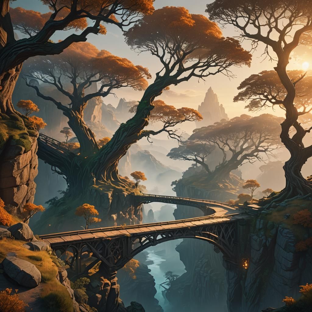Fantastical Landscape with Glowing Trees at Sunset