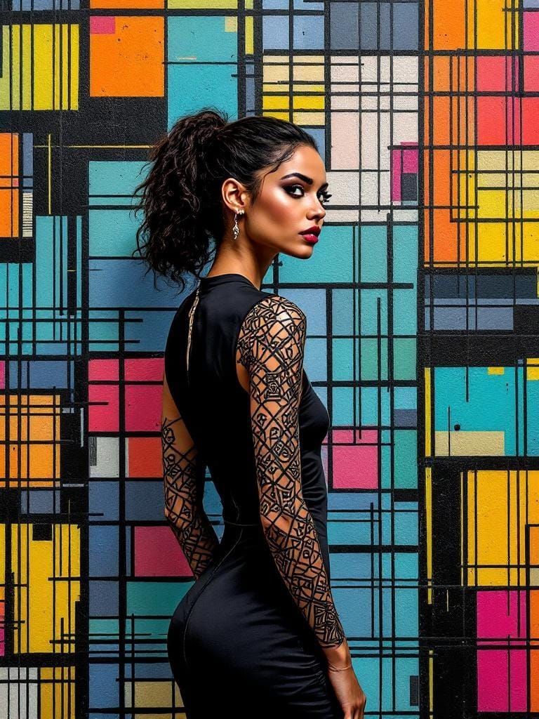 Geometric Elegance: Woman in Black Jumpsuit