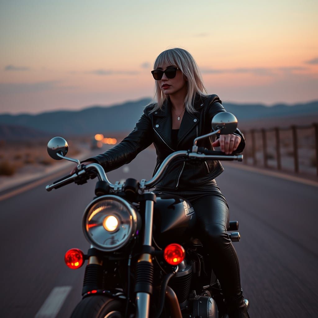 Cyberpunk Woman Cruises Futuristic Highway