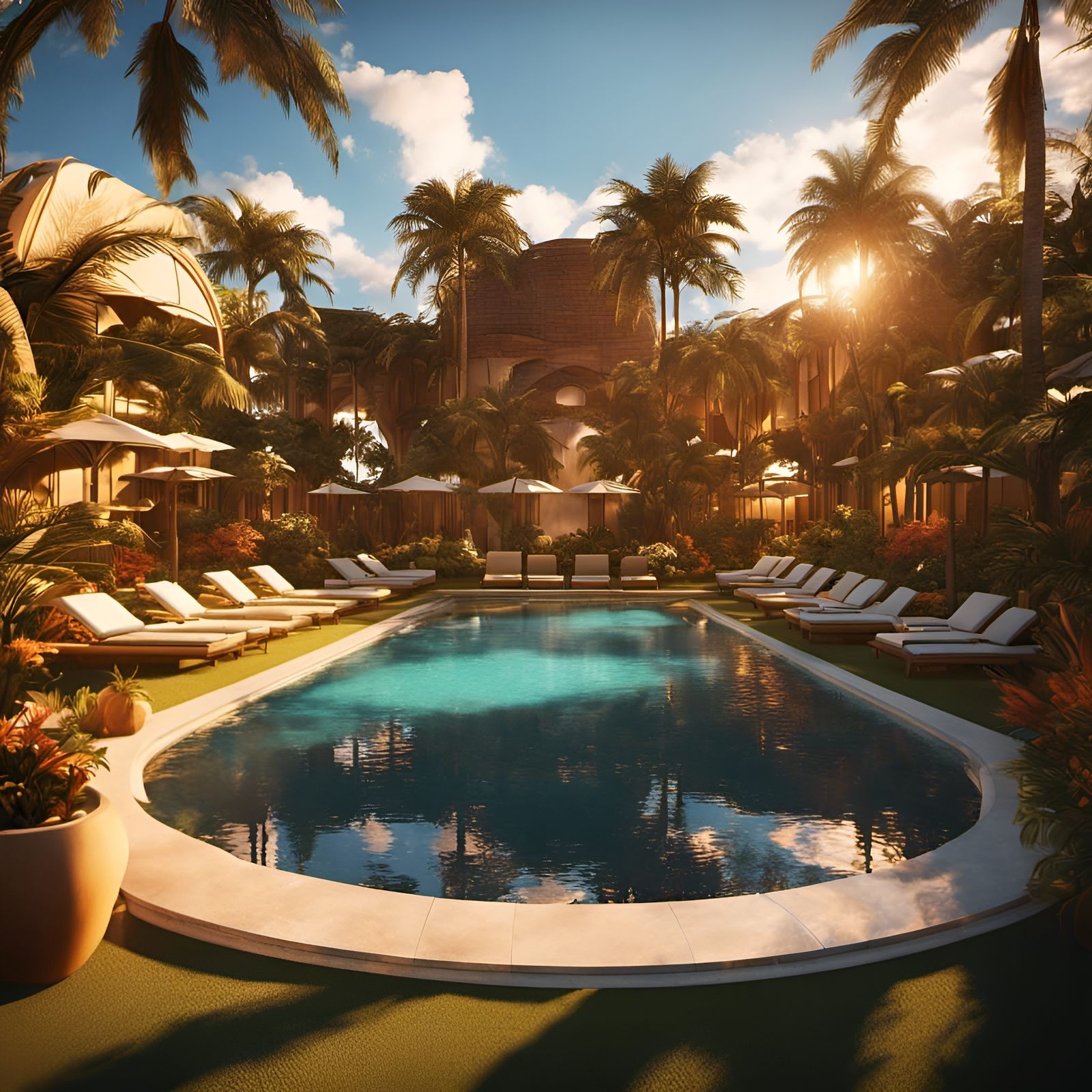 Tropical Oasis Resort at Golden Hour in Spacepunk Style