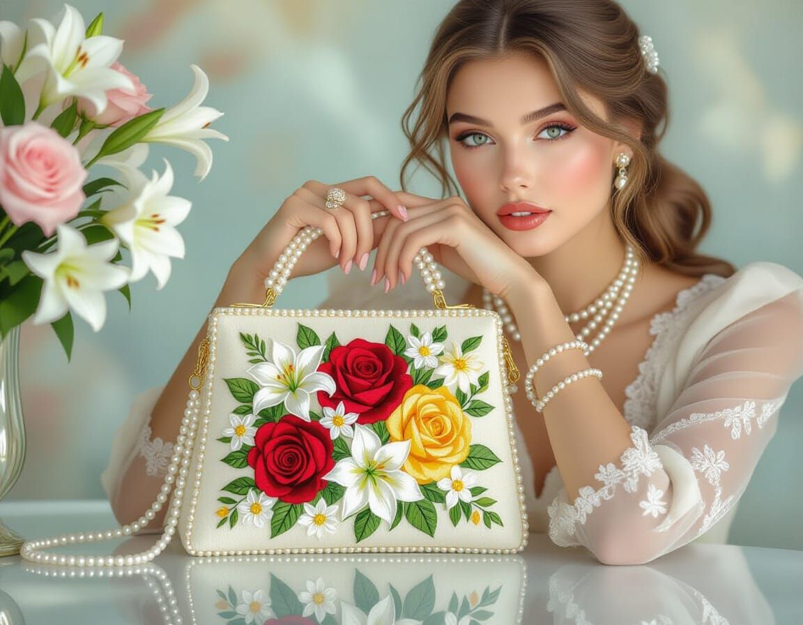 Elegant Woman with Embroidered Bag in Art Nouveau Style