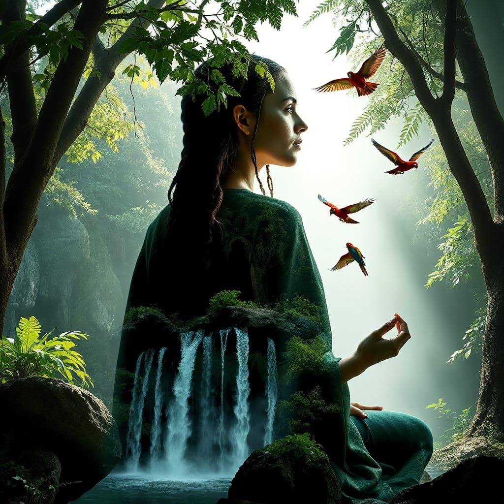 Elven Druidess Meditation in Rainforest Double Exposure