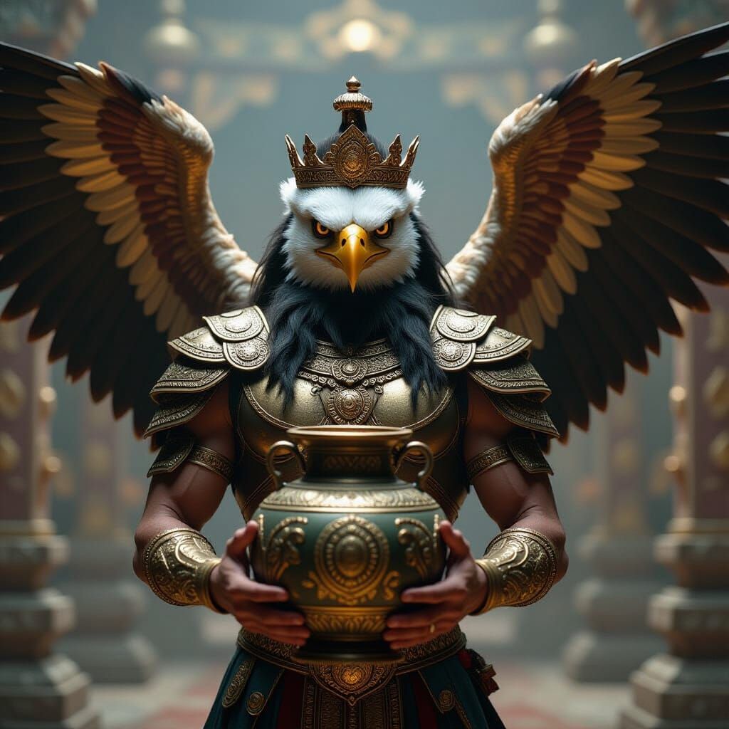 Golden Armored Garuda Cradling Pot, Cinematic Film Still