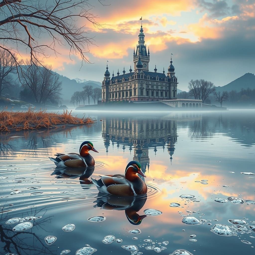 Majestic Mandarin Ducks in Winter Wonderland