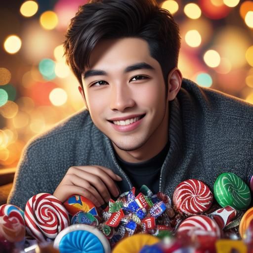 Happy Young Man Surrounded by Candy in Vibrant Colors