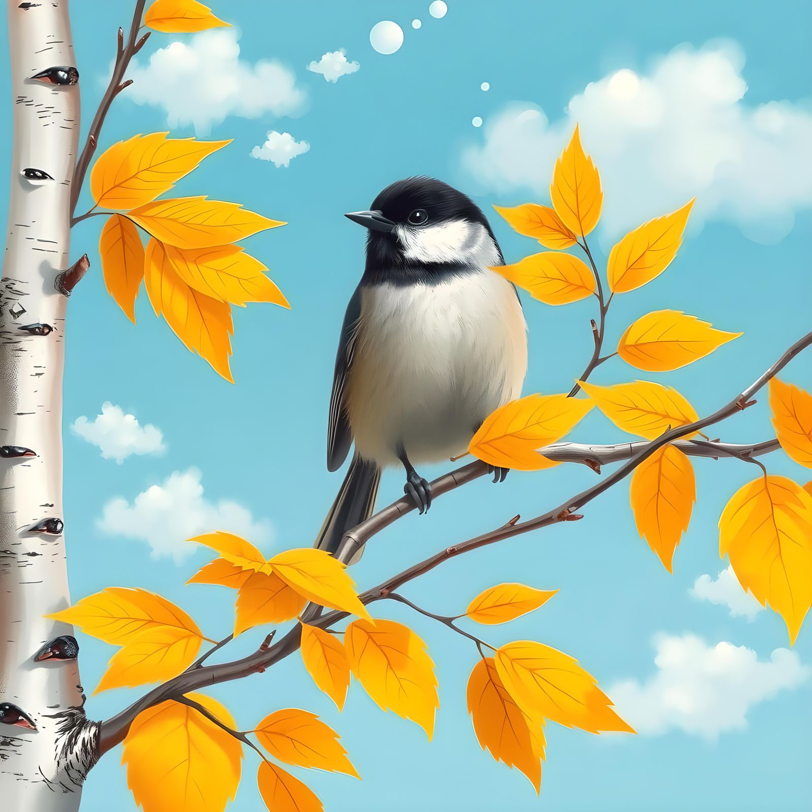 Chickadee in Autumn Birch Forest